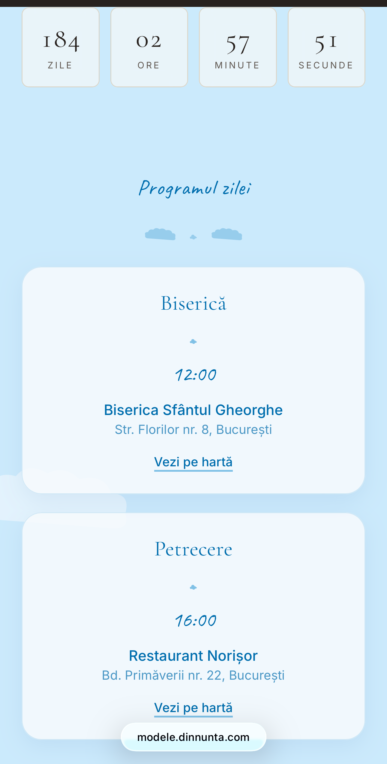Invitație Digitală Botez – Norișori 2 Invitație digitală botez Norișori - countdown si program biserica si petrecere cu harta