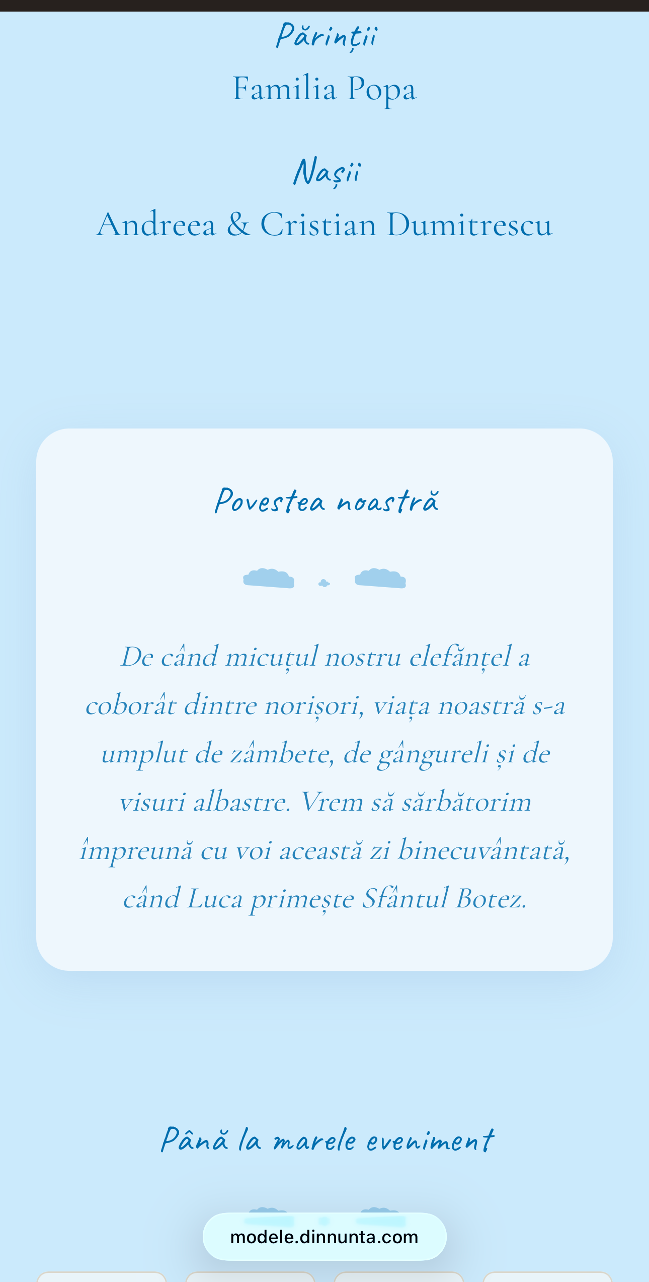 Invitație Digitală Botez – Norișori 3 Invitație digitală botez Norișori - sectiune parinti, nasi si povestea copilului