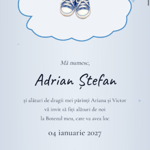Invitație digitală botez Tenisei - tenisori bebe albastri intr-un nor cu fundita