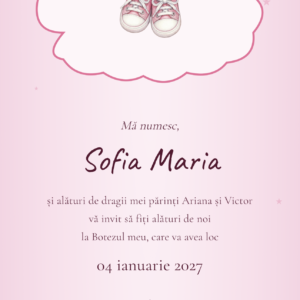 Invitație digitală botez Tenisei Roz - tenisori bebe roz intr-un nor cu fundita