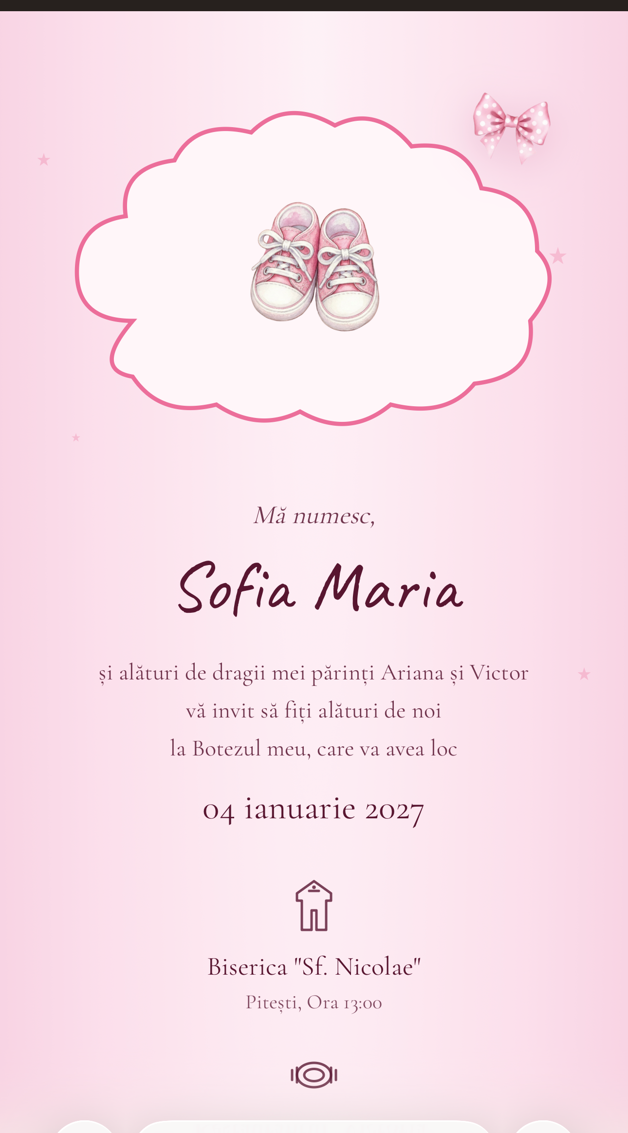 Invitație Digitală Botez – Tenișei Roz 1 Invitație digitală botez Tenisei Roz - tenisori bebe roz intr-un nor cu fundita