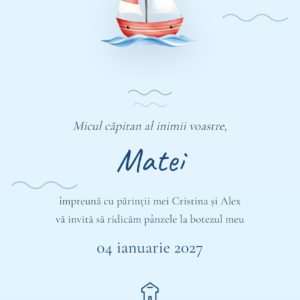 Invitație digitală botez Vaporas - vapor rosu alb pe valuri si nume Matei