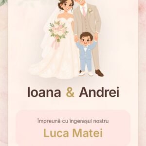 Invitație digitală nuntă și botez pastel – ecran principal cu mirii cartoon și băiețelul lor
