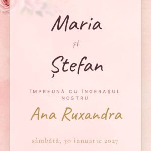 Invitație digitală nuntă și botez roz auriu – ecran principal cu flori watercolor și caligrafie