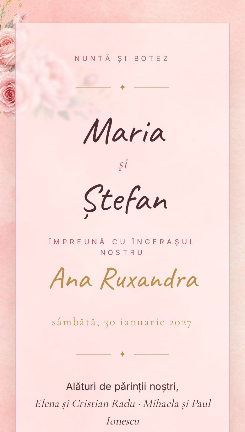 Invitație Digitală Nuntă și Botez – Roz Auriu 1 Invitație digitală nuntă și botez roz auriu – ecran principal cu flori watercolor și caligrafie