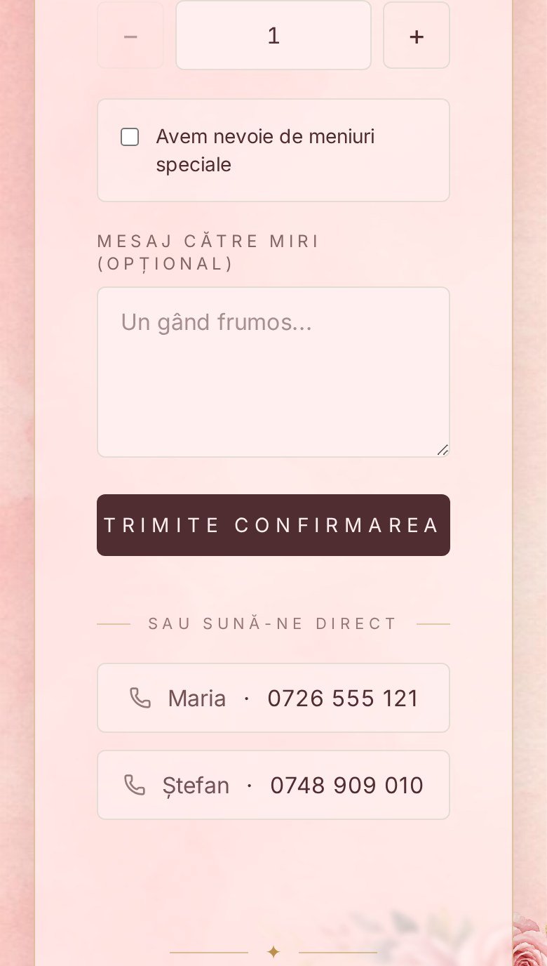 Invitație Digitală Nuntă și Botez – Roz Auriu 3 Invitație digitală nuntă și botez roz – formular de confirmare a prezenței cu meniu