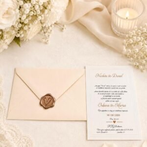 Invitație nuntă litere embosate cu sigiliu de ceară - vedere completa invitatie si plic ivoire
