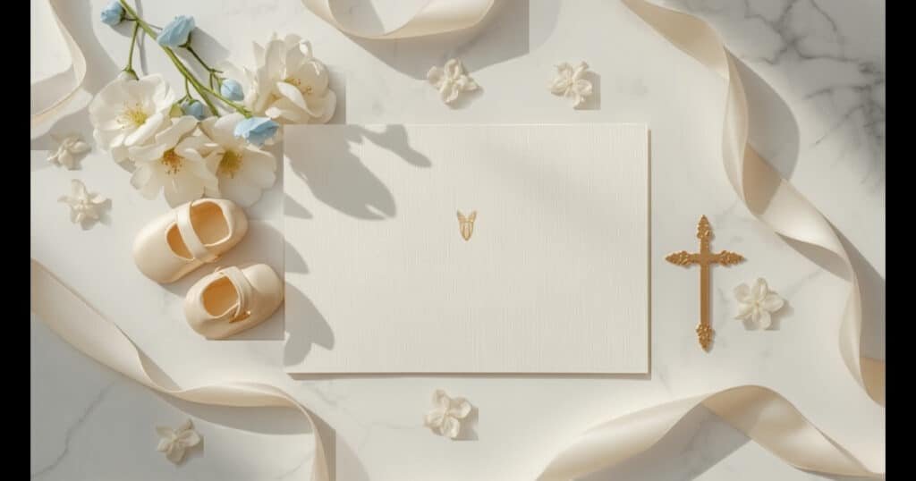 texte invitații botez — invitație tipărită elegantă cu îngeraș, cruce aurie și flori delicate