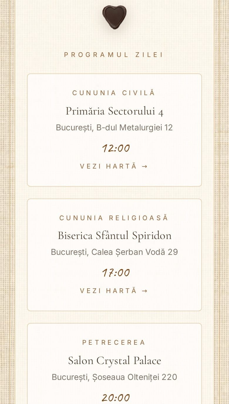 AI pentru organizarea nunții – programul zilei afișat într-o invitație digitală, cu ore, adrese și buton către hartă